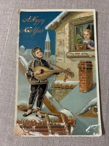 Postal en relieve navideño feliz año nuevo invierno dorada hecha en Alemania - Imagen 1 de 5