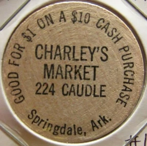 Vintage Charley's Market Springdale, AR Wooden Nickel - Medaille Arkansas #1 - Bild 1 von 2
