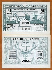 New Caledonia, 50 Centimes, P-54, 1943 WWII, Scarce in UNC