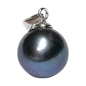 Silky 5A 11mm Natural Peacock Black Blue Round Cultured Edison Pearl Pendant - Picture 1 of 8