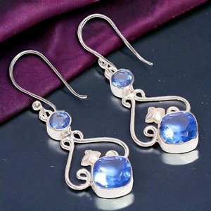 925 Sterling Silver Tanzanite Gemstone Wife Dangle Drop Dainty December Earrings - Picture 1 of 6