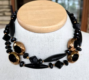 Vtg Liz Claiborne Black Plastic Bronze Glass Black Bead Knotted Necklace 34" Adj - Picture 1 of 8