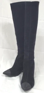 Chanel CC Logo Chain Black Suede Knee High Wedge Boots Size 37.5 US 7.5 with Box - Picture 1 of 12