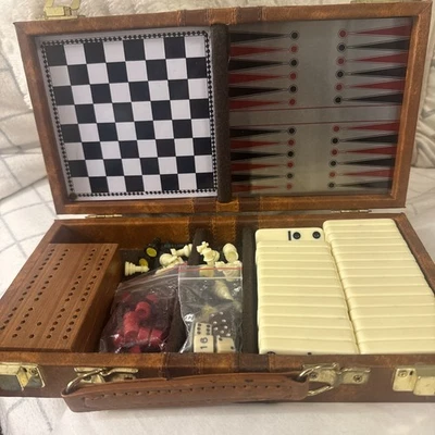 Vtg Magnetic Travel Game Set Backgammon Checkers Chess Cribbage Dominos Interpur - Image 1 of 4