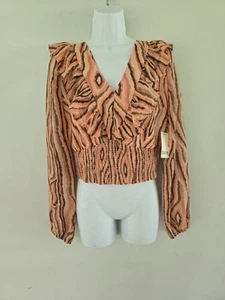 Bar III Top Pink Printed Ruffled Smocked Women Sz L NEW NWT Hippi - Picture 1 of 12