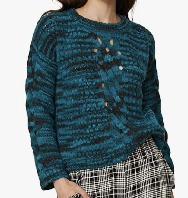 Teal Blue Black Crisscross Chunky Wool Sweater Spain 36 SitaMurt Anthropologie S - Image 1 of 4