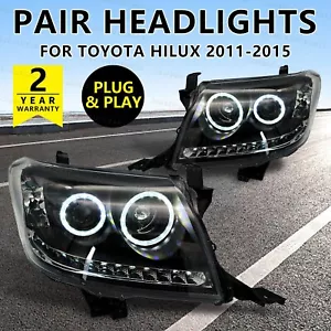 Pair Headlights for Toyota Hilux 7/2011-2015 Black HALO Angel Eyes Projector - Picture 1 of 10