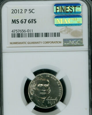 2012 P JEFFERSON NICKEL NGC MS67 FS PQ MAC FINEST REGISTRY MAC SPOTLESS . - Image 1 of 2
