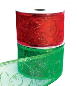 Christmas Ribbon for Gift Wrapping Red Wired Ribbons Green Sheer Wire Organza... - Picture 1 of 4