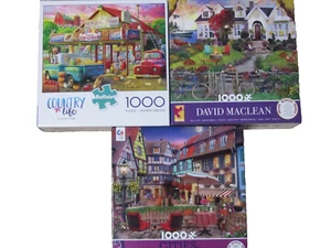 THREE 1000 Piece Puzzles Country Store Rompecabezas Cities Lake House Maclean - Picture 1 of 1