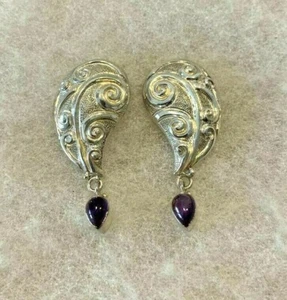 Sajen Repousse Earrings with Amethyst Drops Approx. 1 5/8 In. Long - 11.4 Grams - Picture 1 of 9