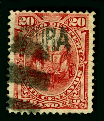 PERU 1884 PROVISIONAL ISSUES Pacific War - "PIURA" ovpt.  20c red  Sc# 14N2 used - Image 1 of 2