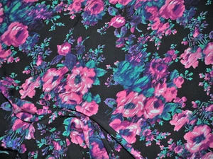 Challis Rayon Apparel Fabric Fuchsia Pink Purple Teal Green Black Floral F501 - Picture 1 of 1