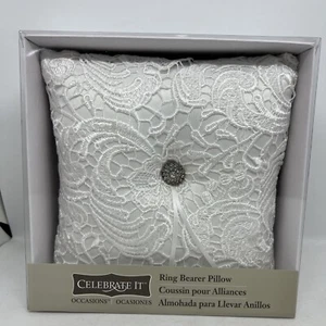 Anello Festa di Matrimonio Cuscino, 8x8 pollici Bianco Portatore Cuscino Pizzo Perla Anello Matrimonio... - Foto 1 di 3