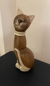 Hand Carved Wooden Cat with Decorative Collar/Necklace Folk Art Rare Unique 10" - Picture 1 of 6