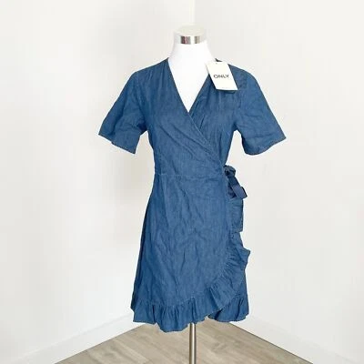 Only OnlThyra Bea Short Sleeve Wrap Dress Ruffle Medium Blue Denim Size S New - image 1 of 4