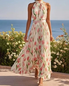 Pink Pleated Floral Chiffon Halter Sleeveless A-Line Mock Neck Maxi Dress - Picture 1 of 7