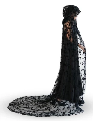 Black Hooded Cape Tulle Cloak Witch Gothic Costume Medieval Renaissance Wizar... - Image 1 of 4