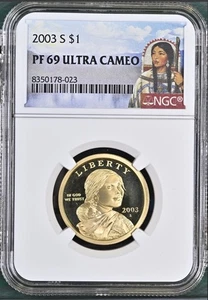 2003 $1 PF 69 NGC Ultra Cameo Sacagawea - Portrait Label - Picture 1 of 2