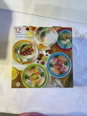 Melamine Dinnerware Set 12 Piece Distributed By Wegmans Tropical Theme Colorful - Image 1 of 4