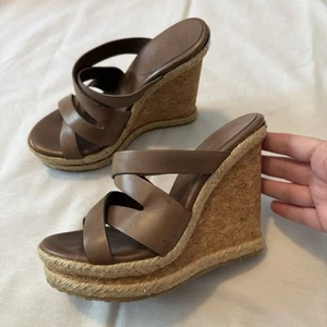 JIMMY CHOOSE Prisma 37.5 Brown Leather Woven Wedge Jute Cork Sandals - Picture 1 of 11