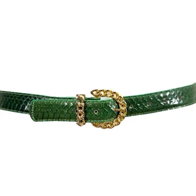 Vtg Genuine Snakeskin Green Womens Belt Gold Buckle Skinny Belt 34” Eclectic Art - Image 1 of 4