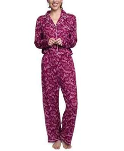 Hanes Women's Sz S Long Sleeves Notched-Collar Top & Pants Pajamas Set Cardinal - Picture 1 of 6