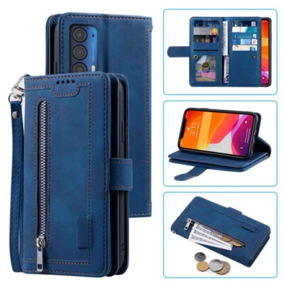 For Motorola Edge (2021) Wallet Case,Leather Zipper Magnetic Flip Card Case - Image 1 of 4