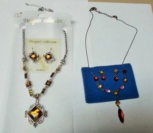 LOT OF 2 BEAUTIFUL NECKLACE & EARRING SETS SILVERTONE W/ AMBER STONES GOLDTONE - Picture 1 of 6