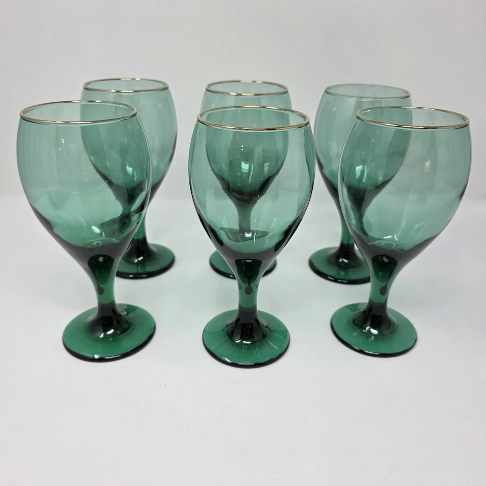 Juego de 6 copas de vino verde enebro lágrima Libbey vintage bordes dorados  Foto 1 de 4