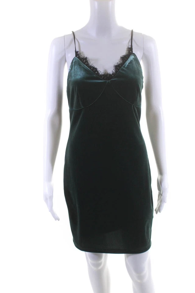 Vestido recto sin mangas de encaje verde terciopelo con cuello en V talla 2 Cynthia Steffe para mujer Foto 1 de 4