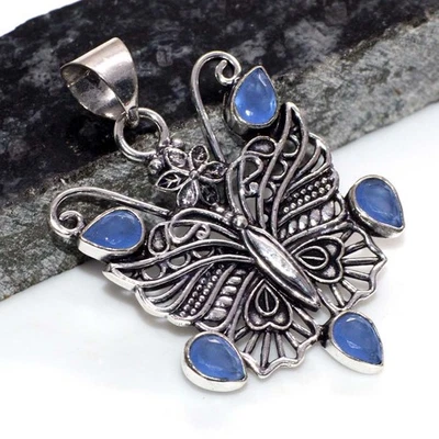 925 Silver Plated Butterfly Purple Chalcedony Faceted Pendant 2" GW - image 1 of 3