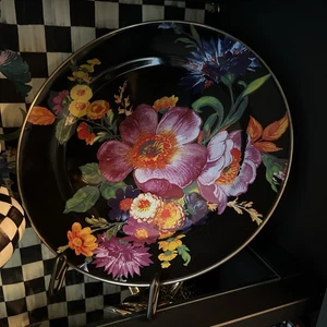 MacKenzie Childs Black Flower Market Enamel Plate Charger 12 inch READ FLAWED - Picture 1 of 7