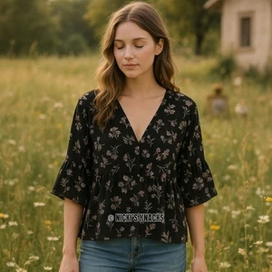 Ro & De Black Floral Chiffon Ruffle Blouse V Neck 3/4 Bell Sleeve Top Size XS - Picture 1 of 10