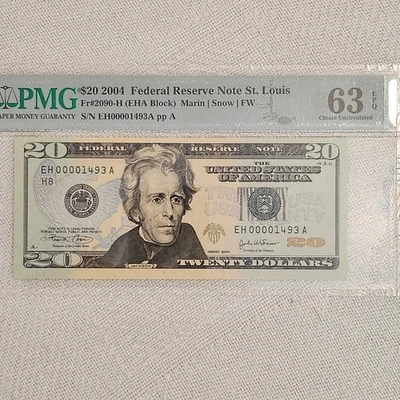 US $20 Federal Reserve Note 2004 Fr#2090-H VERY LOW S/N St. Louis PMG 63EPQ - Image 1 of 4