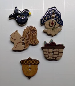 Set of 5 Ceramic Fall Themed Buttons, Crow, Apples, Scarecrow, Squirrel + Acorn - Picture 1 of 6