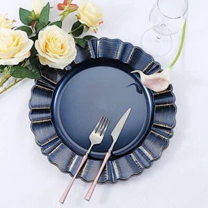 6 NAVY BLUE GOLD 13" Round Scalloped Trim Charger Plates Wedding Decorations - Picture 1 of 6