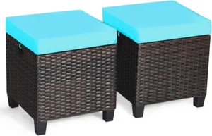 2 Pieces Outdoor Patio Ottoman, All Weather Rattan Wicker Ottoman Seat, Patio Ra - Picture 1 of 12