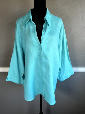 Top David N para mujer talla 3X azul claro 100 % lino pañuelo manga larga abotonada Foto 1 de 4