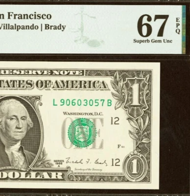 Top Pop 1988A $1 FRN PMG 67EPQ highest graded Superb Gem San Francisco Fr 1915-L - Image 1 of 4