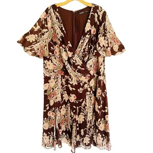 Ralph Lauren Lauren Midi Dress Sz 22 Women Floral Lined Flutter Sleeve Faux Wrap - Picture 1 of 10