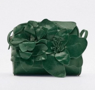 NWT Zara Forest Green Leather Floral Flower Crossbody Shoulder Bag, Retail $169 - Image 1 of 4