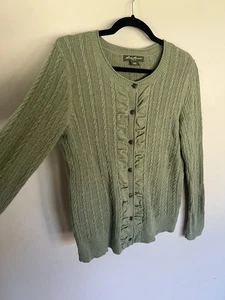 Eddie Bauer Sweater Womens Cardigan Cable Knot Green Ruffle Medium 90s Button Up - Picture 1 of 7