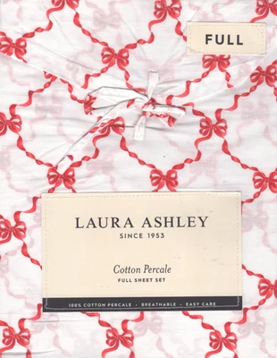 NEW Laura Ashley Full Size Percale Cotton Sheet Set      Red Bow Ribbon Holiday - Image 1 of 3