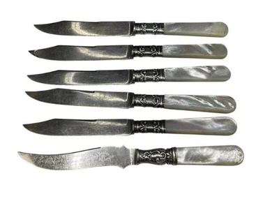 LOTE de 6 piezas WM. JUEGO DE CUCHILLOS CON MANGO DE MADREPERLA Y ESTERLINA ROGERS 6,5" Foto 1 de 4