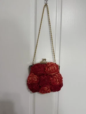Lulu Townsend Rosette Red Satin bling Clasp Evening Clutch Shoulder Bag - Image 1 of 4