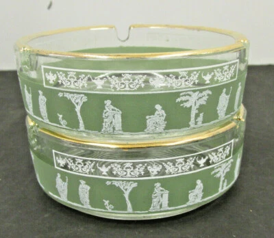 M C M JEANNETTE GLASS HELLENIC GREEN JASPERWARE ASH TRAYS TWO LOT 3 1/2" DIAMETE - image 1 of 4
