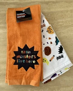 Set asciugamani cucina HALLOWEEN 16,5" X 26" PICCOLI MOSTRI VIVONO QUI nuovi con etichette - Foto 1 di 5