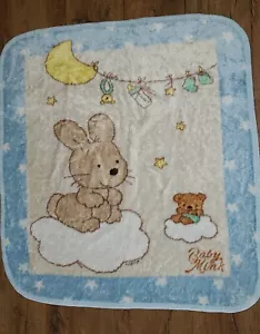 VTG Baby Mink Plush Blanket Blue White Moon Bunny Bear Stars Bottle Rattle Socks - Picture 1 of 2
