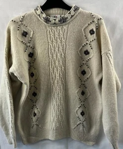Vintage AMARO 100% Wool Cream & Grey Jumper Sweater Cable Nordic Xmas Sz Large - Picture 1 of 8